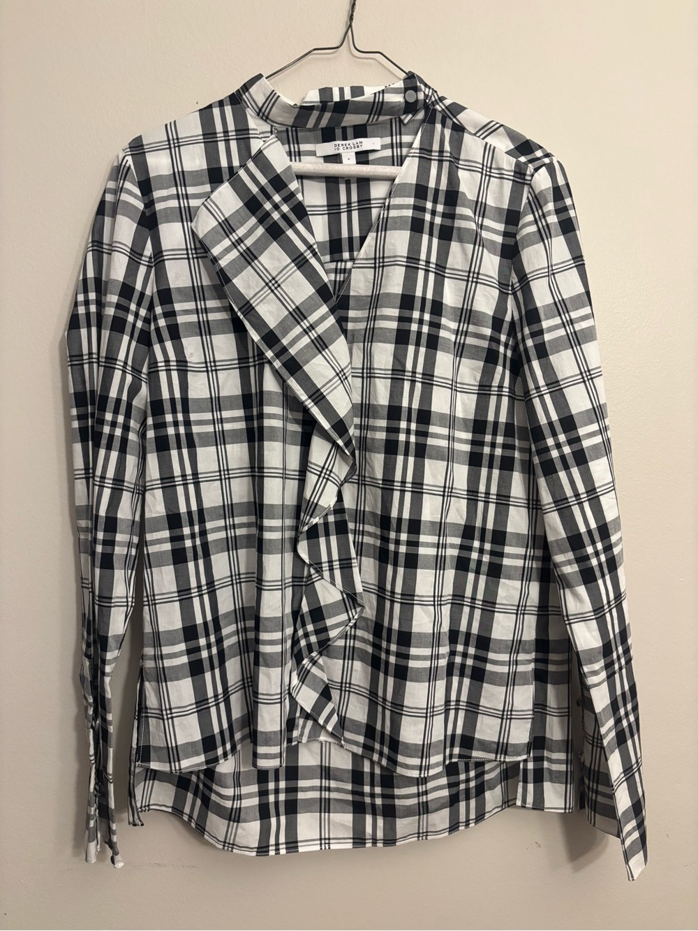 Derek Lam Black and White Plaid Button-Neck Blouse